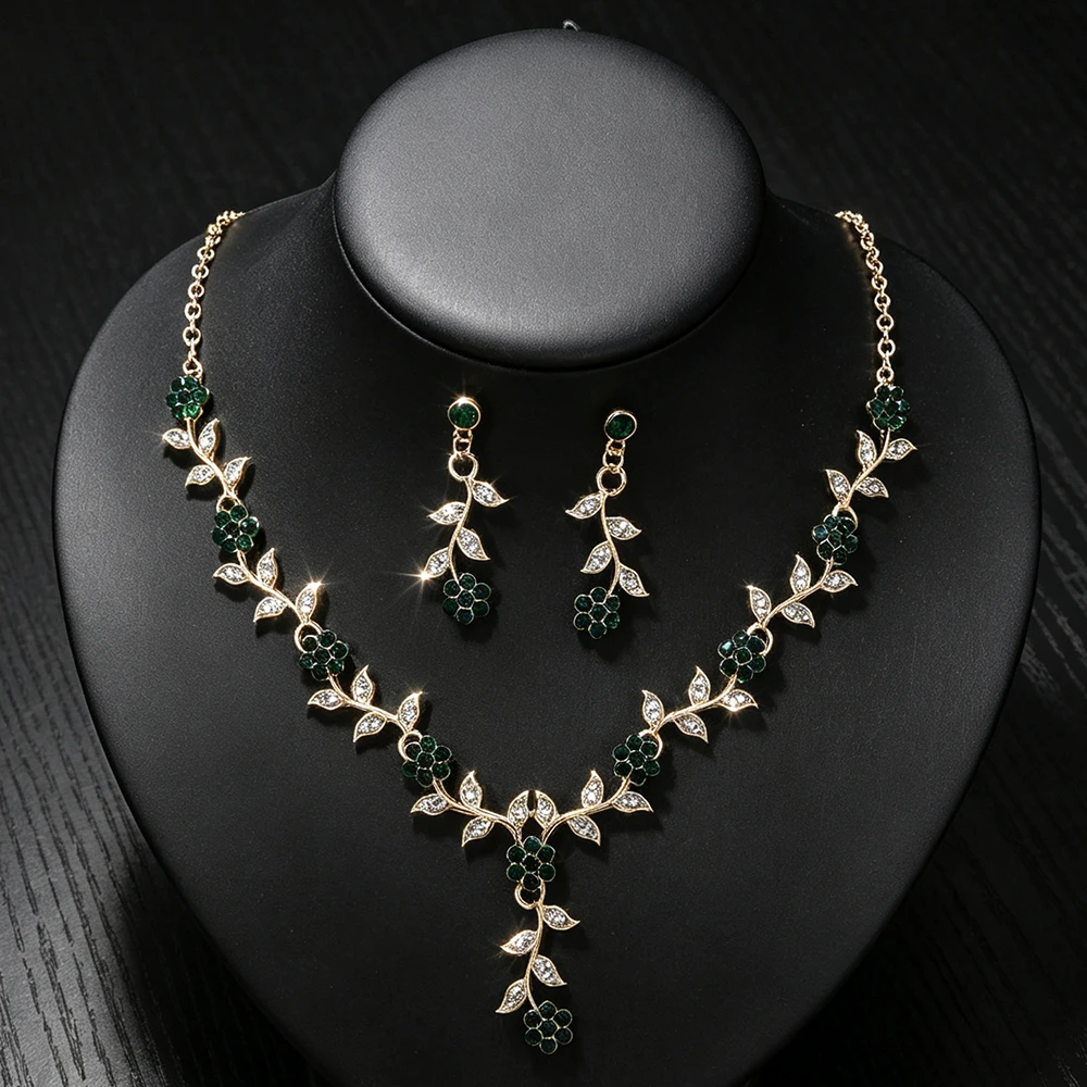 1/3pcs Vintage Green Rhinestone Crown Gold Plated Crystal Statement Necklace Earrings Women Wedding Prom Party Costume Jewelry - view 5