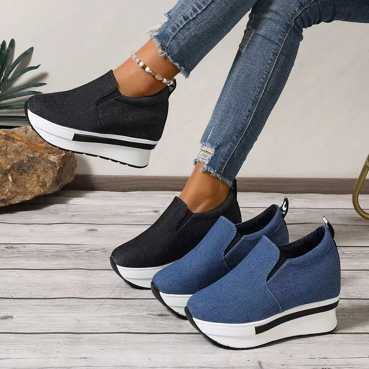 Women's Height Increasing Wedges Shoes Lightweight Slip on Platform Sneakers Women Thick Sole Denim Walking Rocker Shoes Woman