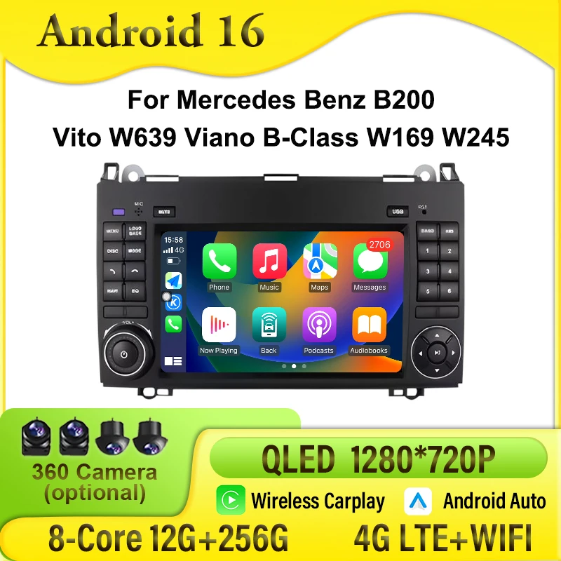 

Мультимедийный видеоплеер с GPS, Bluetooth, 4G, CarPlay и Android Auto для Mercedes Benz B200, Vito W639, Viano, B-Class W169, W245.