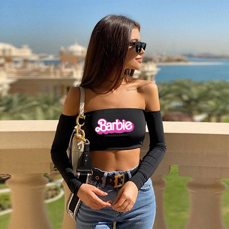 Sexy Barbie Ladies Off Shoulder Crop Top Fashion Kawaii Anime Y2K Girls Long Sleeve Tube T Shirt Casual Short Streetwear Gifts