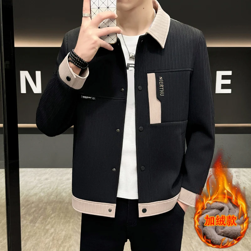 Fashion Men's Slim Turn-Down Collar Fleece Jackets 2026 Autumn Winter Youth Streetwear Windproof Warm Button Plush Parkas Coats