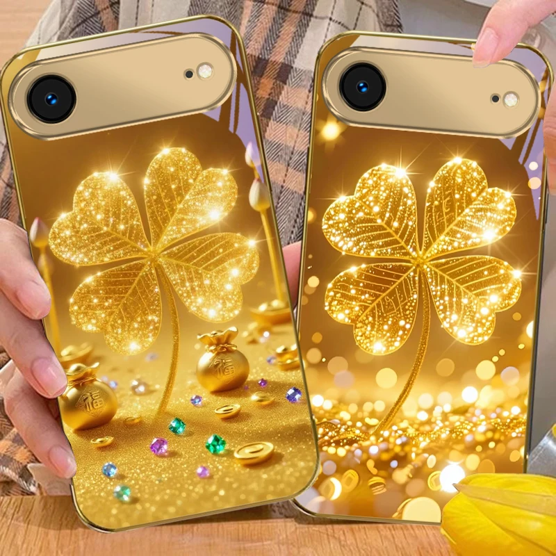 A huge golden clover For iPhone Air 17 Pro Max 16 15 Pro 14 13 Plus 12 mini 11 17Air XR 16E 17ProMax Golden glass phone case