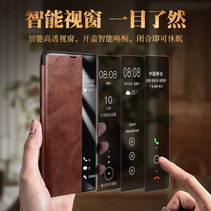 XOOMZ For Huawei Mate 50 RS Porsche Design Smart Mobile Phone Case Leather Flip Cover Natural Cowhide Vintage Intelligent Sleep