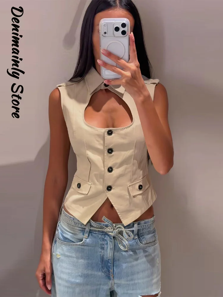 Fashion Women's Lapel Hollow Out Top Slim Sleeveless Single Breasted Short All-match Solid Tops 2026 Lady Holiday Street Clothes