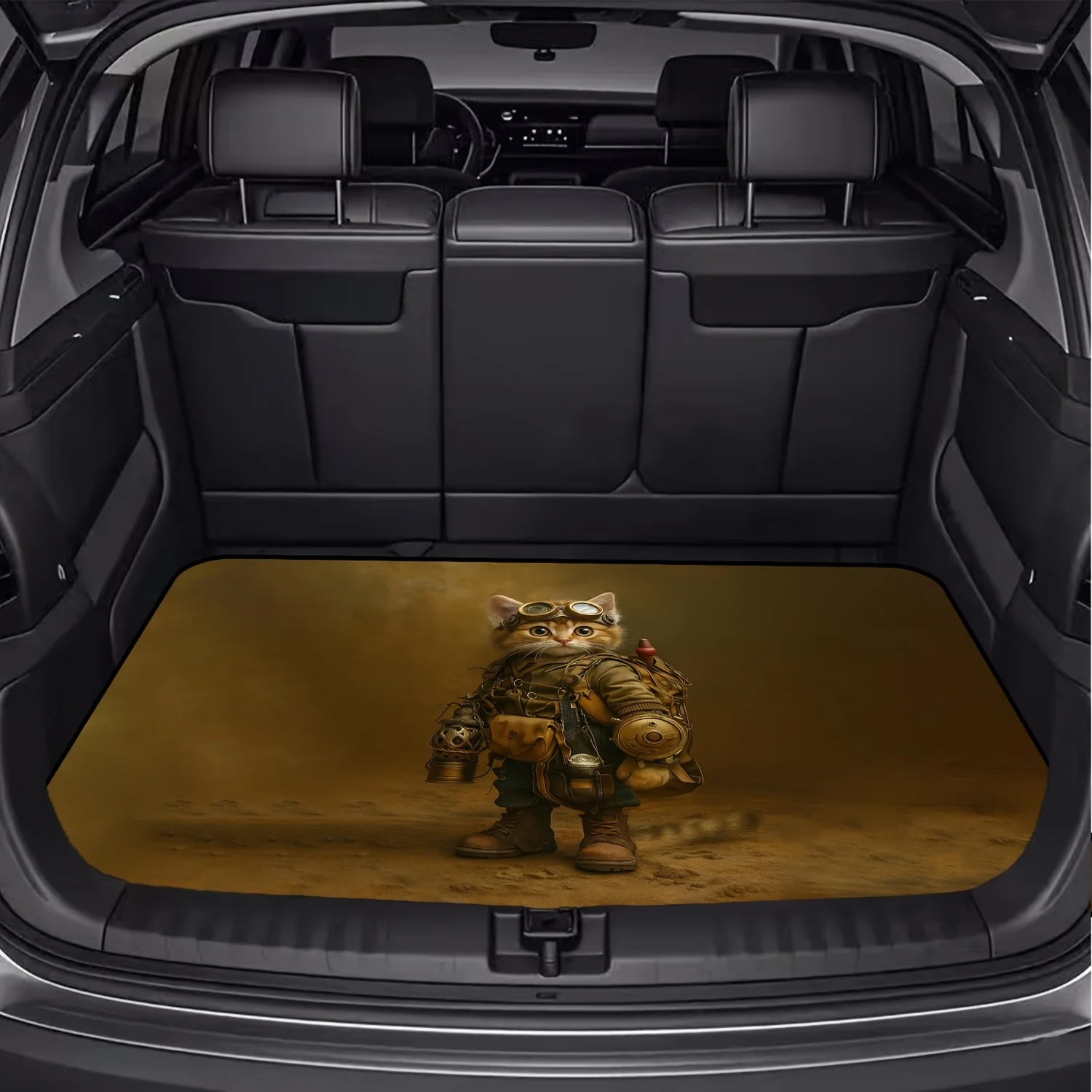 1pc Steampunk Style Cute Cat Character Car Trunk Mat, Vintage Mechanical Print Pattern, Essential For Travel, Universal Fit For