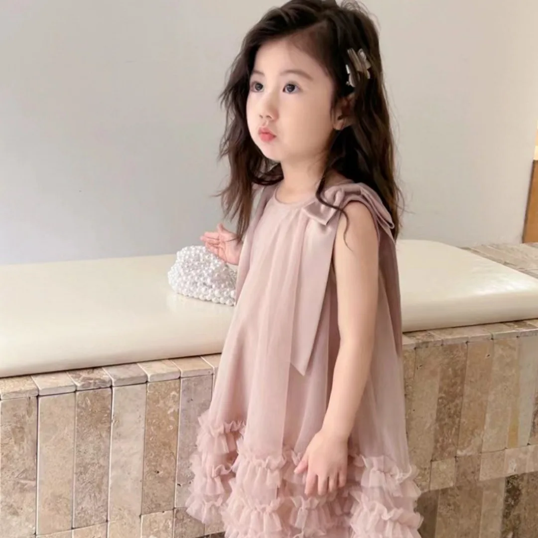 Baby Girls Dress 2024 Summer New Foreign Style Childrens Pommel Dress Super Fairy Bow Halter Princess Simple Casual Skirt