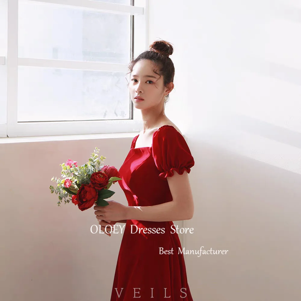 OLOEY Elegant Square Collar Red Satin Evening Dress Korea Wedding Photoshoot Pleats Short Sleeves Wedding Party Gown Custom Made