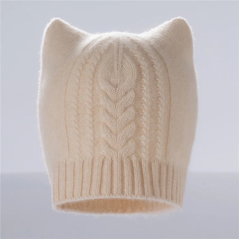 Autumn Winter Cute Hat Knitted 100% Cashmere Wool Hat Cat Ears Thickened Warm Ear Protection Knitted Beanie