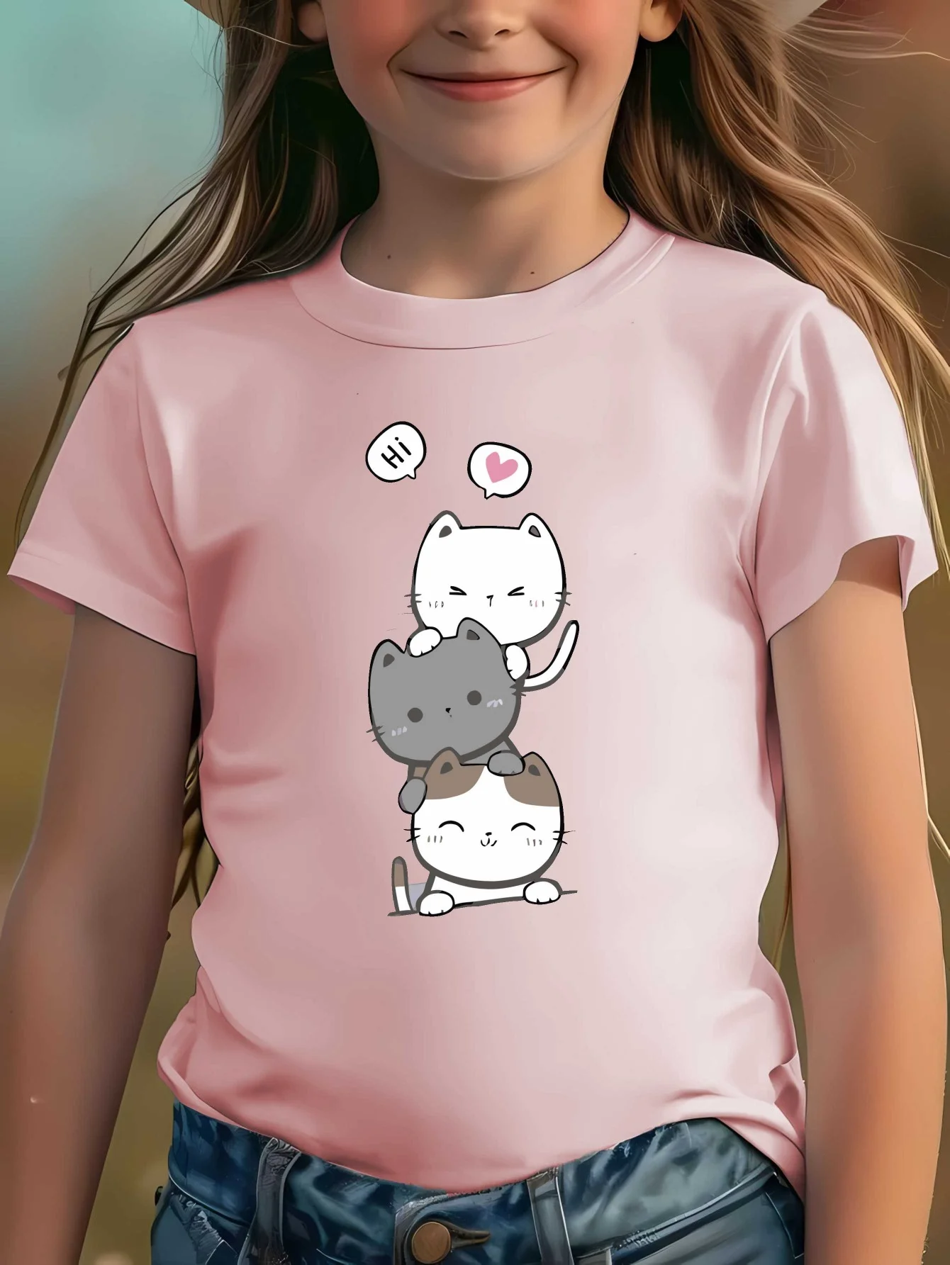 Three Stacking Lovely Cats Graphic T Shirt Family Matching Boys Girls Kids Short Sleeve Cartoon Pet Children Daily Tops