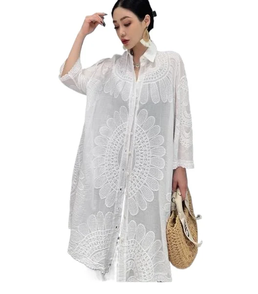 

French Embroidery Floral Lapel Long Sleeve Lace Blouse Women Summer Loose Mid Length Top