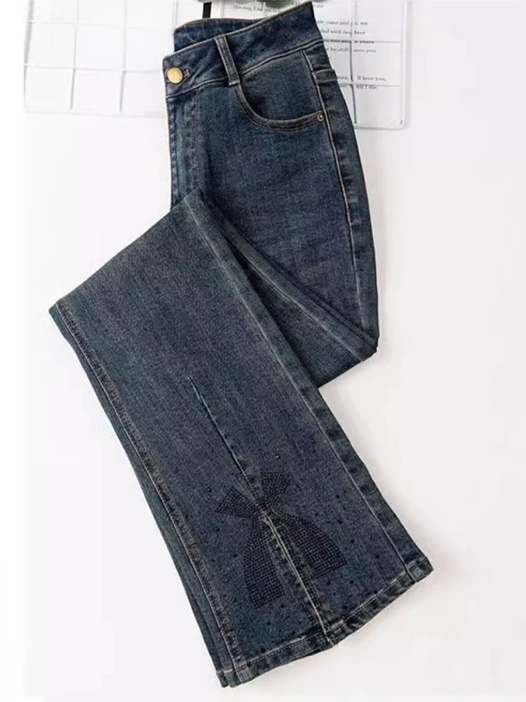 

Джинсы с высокой талией и расклешенными штанинами, женские эластичные длинные брюки, весенне-осенний сезон, винтажный дизайн, эффект похудения, дизайн с открытыми разрезами