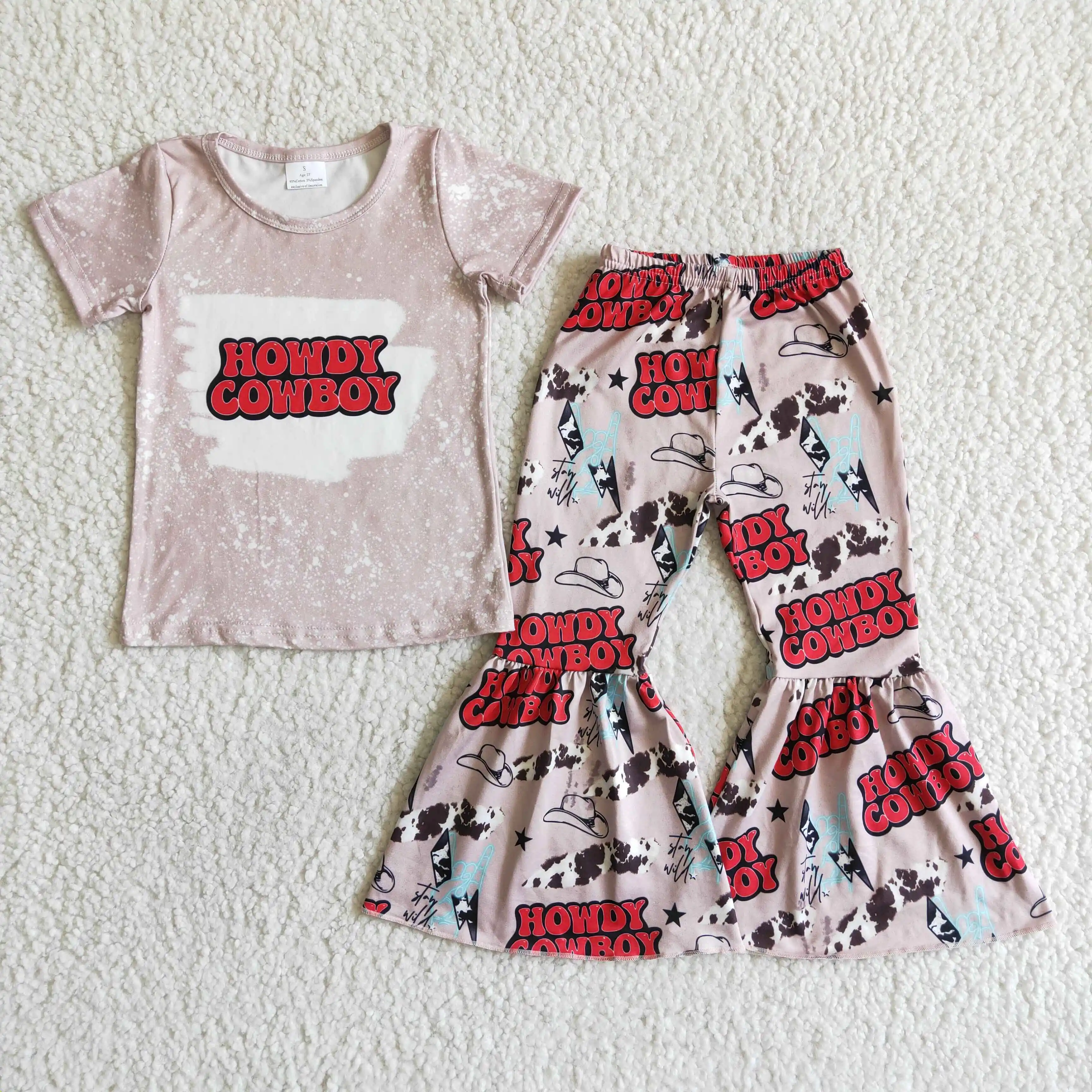 C3-30 Kids Girls Summer Outfit  Sets  Short Sleeves Top COW BOY  Letters Print  With Boot Cut Pant  Children Clothes