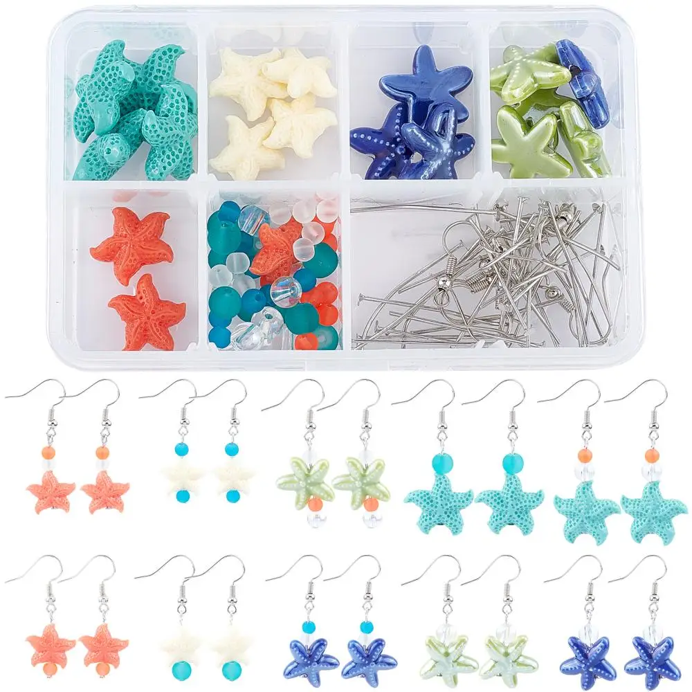 

1Box 10 Pairs Chic Starfish Dangle Earring Making Kits Mixed Beads Brass Ear Hooks Jewelry Findings Fits for Starter DIY Crafts