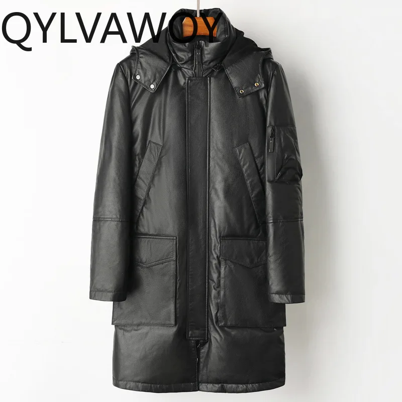 QYLVAWOY Men's Genuine Top Layer Cowhide Leather Down Jacket Autumn Winter White Duck Down Coat Hooded Leather Jacket Mid-long