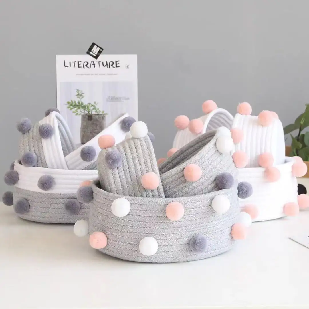 

Popular Cute Cotton Rope Woven Coiled Storage Basket With Pompon Baby Gift Basket Toy Basket Dropshipping Sourcing
