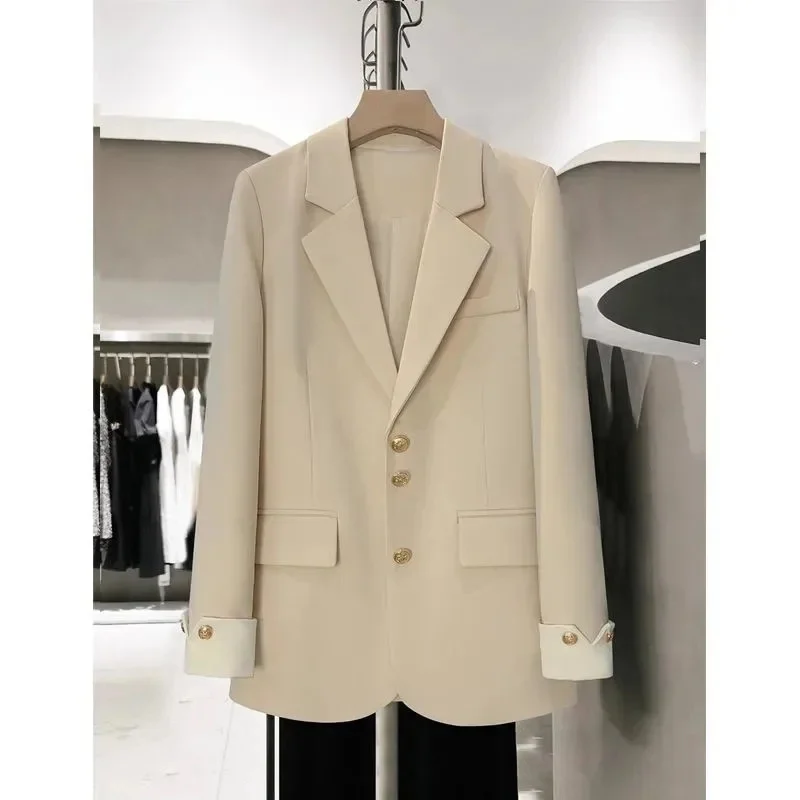 Casaco de terno pequeno de manga comprida feminino, blazer monocromático feminino, jaqueta solta feminina, tops de fivela de linha única, lazer, primavera, outono