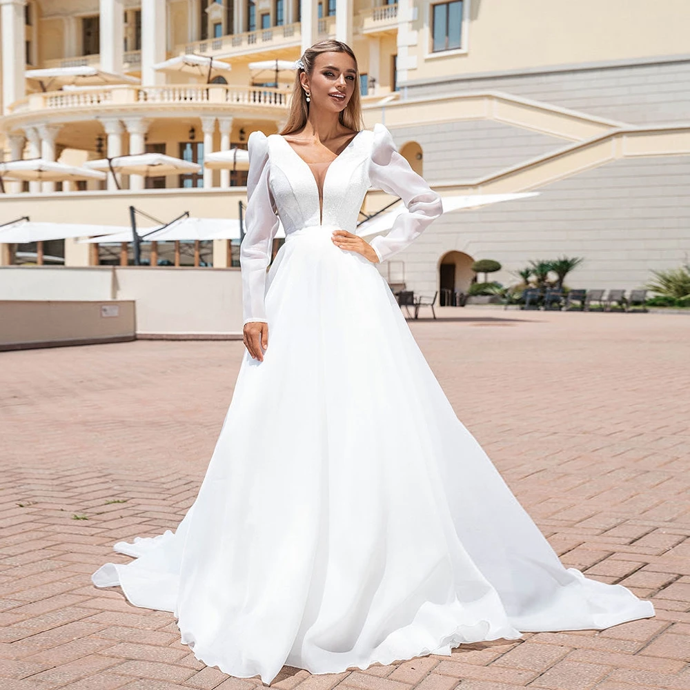 

Charming Chiffon V Neck Wedding Dresses for Women 2024 Summer White Full Sleeve Bridal Gowns with Pleat New Vestidos De Novia