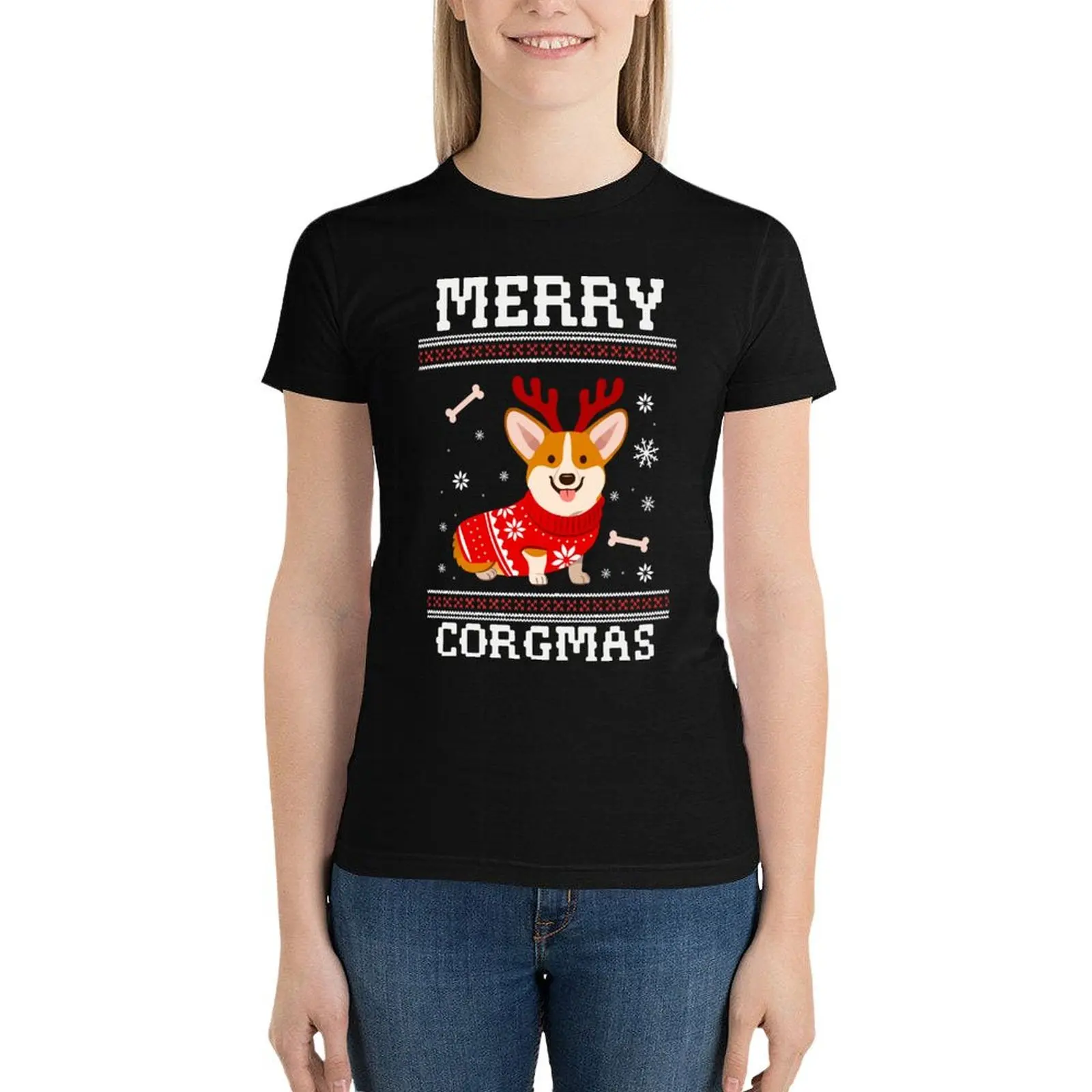 Merry Corgmas Ugly Sweater T-Shirt Female clothing Blouse graphics T-shirts for Women