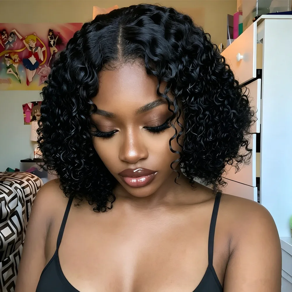 

4x4 lace wig human hair wig curly wave pixie wig bob wig black color for women daily party use human hair wig