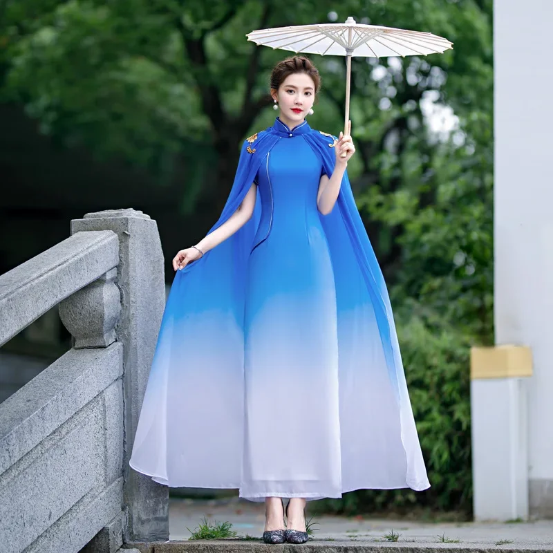 

Show Qipao 2024, новое летнее платье Cheongsam с шалью, длинное улучшенное платье Ципао в китайском стиле в стиле ретро