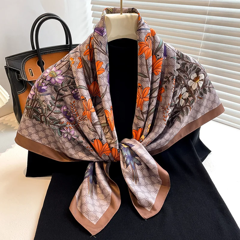 New Women Square Headscarf Four Seasons Popular Scarves Silk Scarf Hijab Hairband 90X90cm Beach Shawl Foulard Ribbon Neckerchief