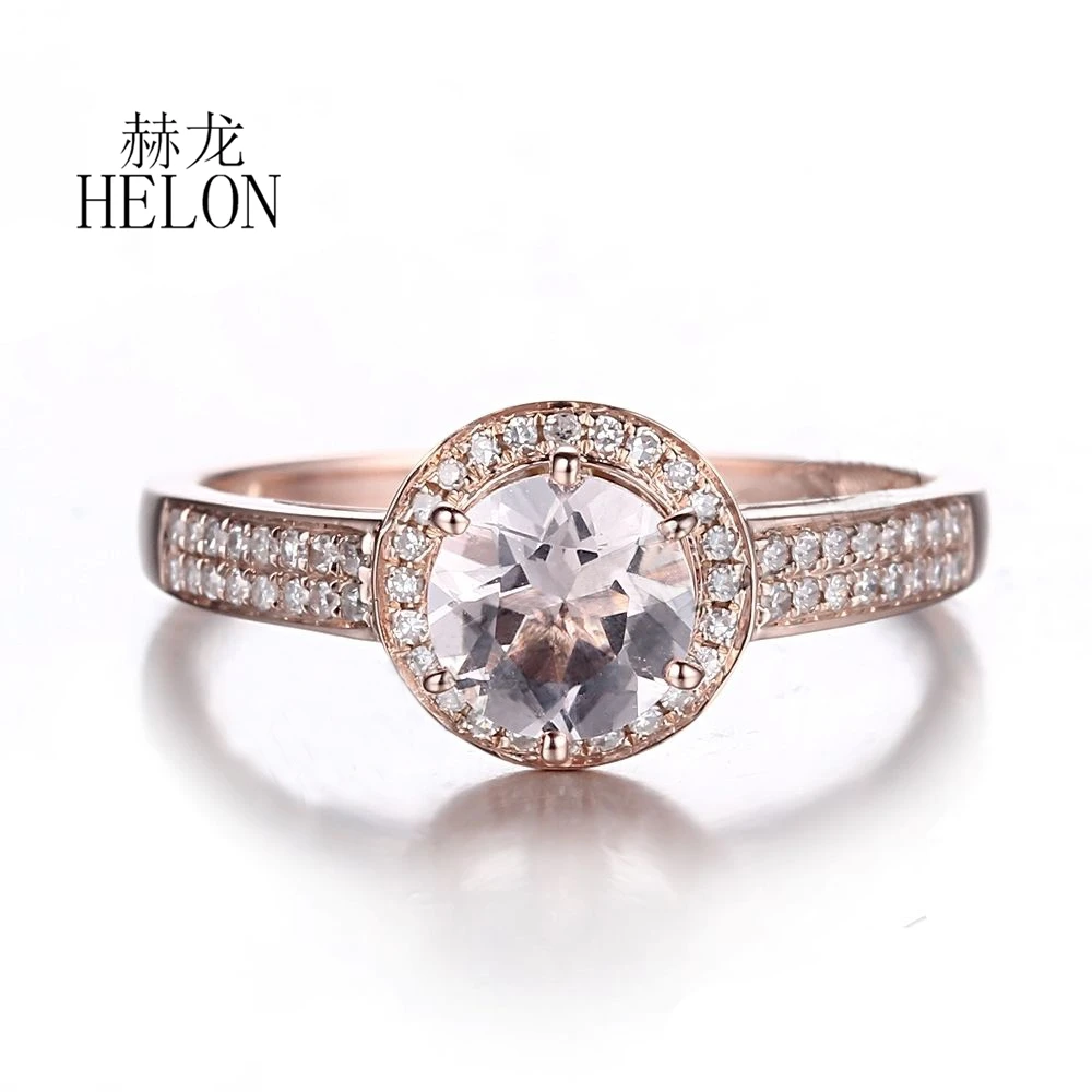 HELON Solid 14k Rose Gold Round Cut 6mm Natural Morganite Diamonds Engagement Ring Women Wedding Anniversary Fine Jewelry Gift