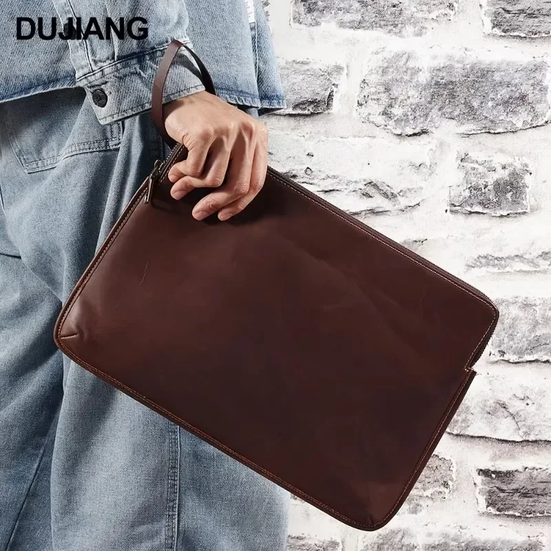 Ręcznie robiona męska torba Cluth ze skóry bydlęcej z opaską na nadgarstek i pokrowcem na laptopa z prawdziwej skóry, odpowiednia do laptopów 14,2 cala