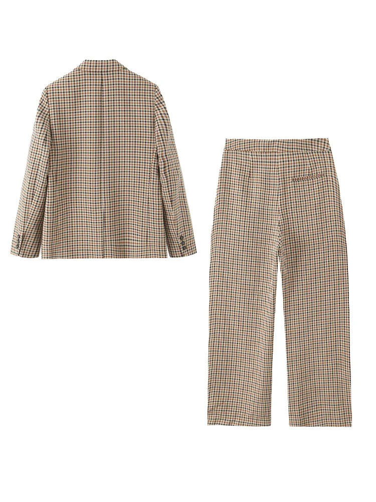 

HH Осенний женский модный клетчатый комплект из 2 предметов, однобортный пиджак с длинными рукавами и отложным воротником + широкие брюки на молнии с карманами