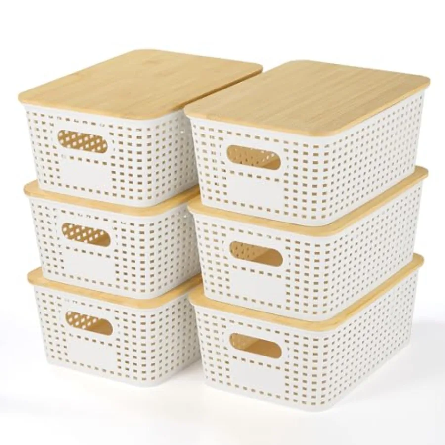

Plastic Storage Baskets With Bamboo Lid - Plastic Storage Containers Stackable Storage bins: Storage Baskets for Organizing She