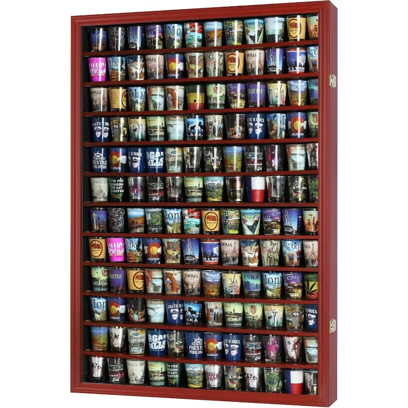 Large 144 Shooter Display Case Holder Wall Cabinet- MAHOGANY Finish