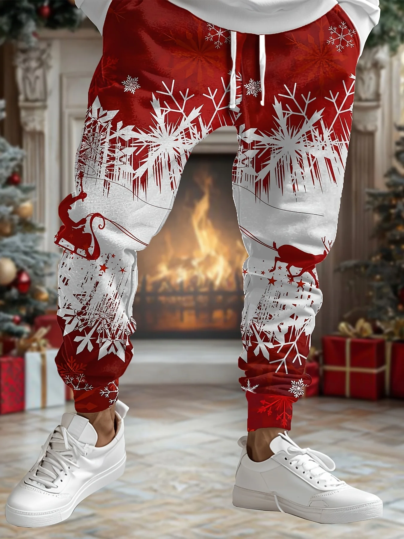 Hot selling fashion autumn men's snowflake print micro elastic comfortable drawstring pants outdoor party clothes