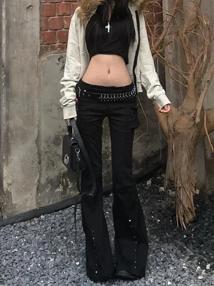 American Retro Flare Jeans Low Waist E-girl Slim Bandage Bottoms Women Fashion Black Cotton Denim Pant Trousers Y2K High Street