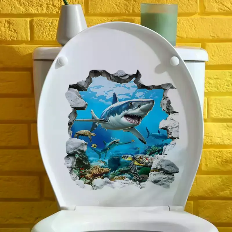 [MOA]Breaking The Wall Shark Toilet Sticker Bathroom Beach Floor Decal Waterproof Anti Slip Removable Seashore Bathtub Decor