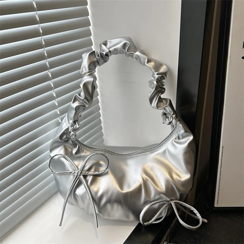 

2025 Wrinkled Strap Shoulder Bag Cute Cloud Purse for Women Instagrammable Bow Detail Underarm Bag Unique Folded Design