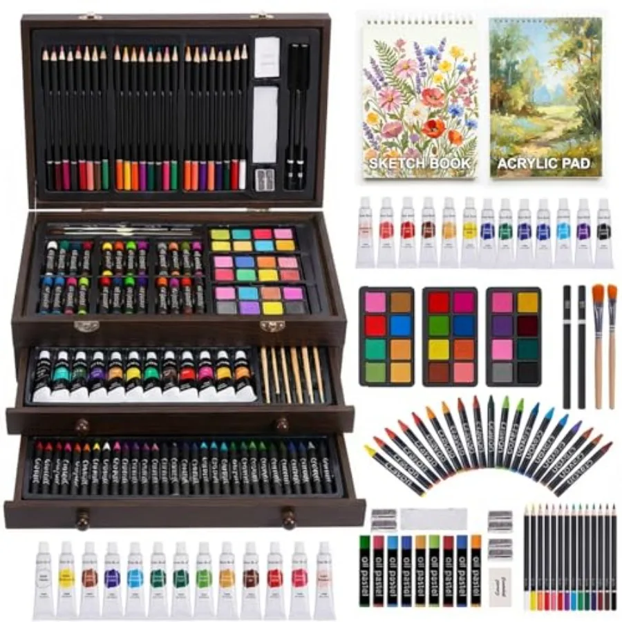 

Набор для рисования и живописи Deluxe, 175 предметов, с 2 блокнотами для рисования, акриловыми красками, цветными карандашами, мелками, кистями.