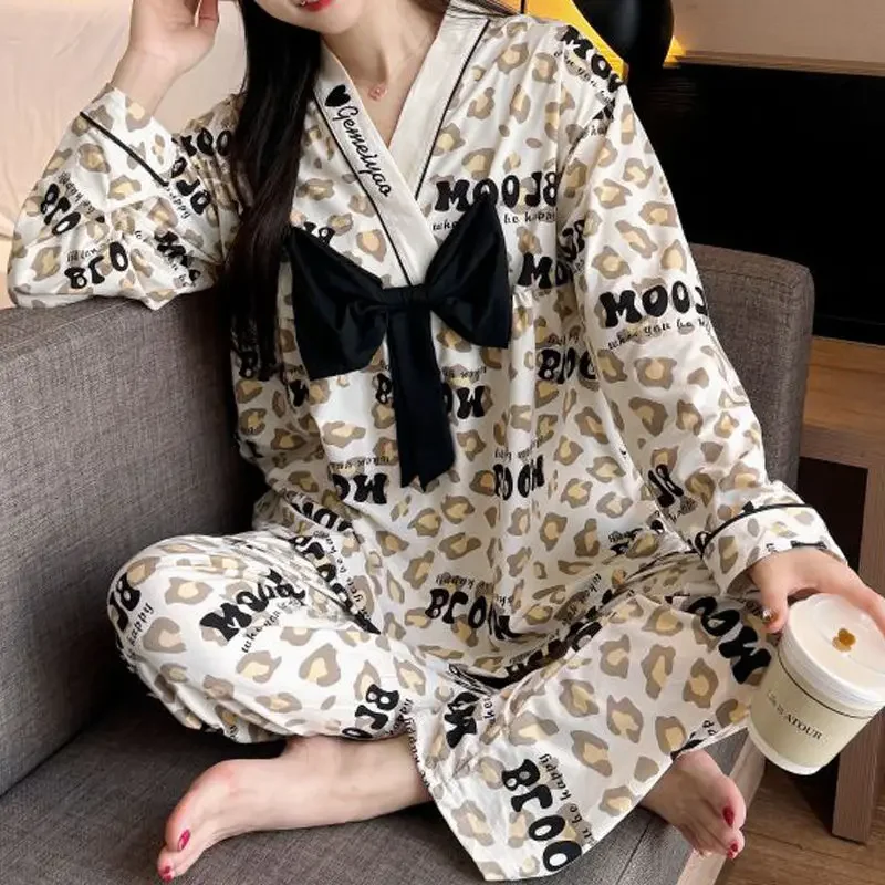 Women Spring/Autumn Sleepwear New Long Sleeve Pants Big Size Bow Princess Wind High-grade Can Be Worn Outside Home Suit Pajama