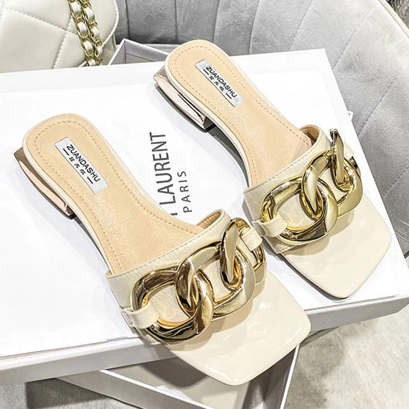 Comemore Summer Metal Chain Women Slippers 2023 Low Heels Square Toe Sandals Casual Slides Ladies Mules Shoes Dress Flip Flops