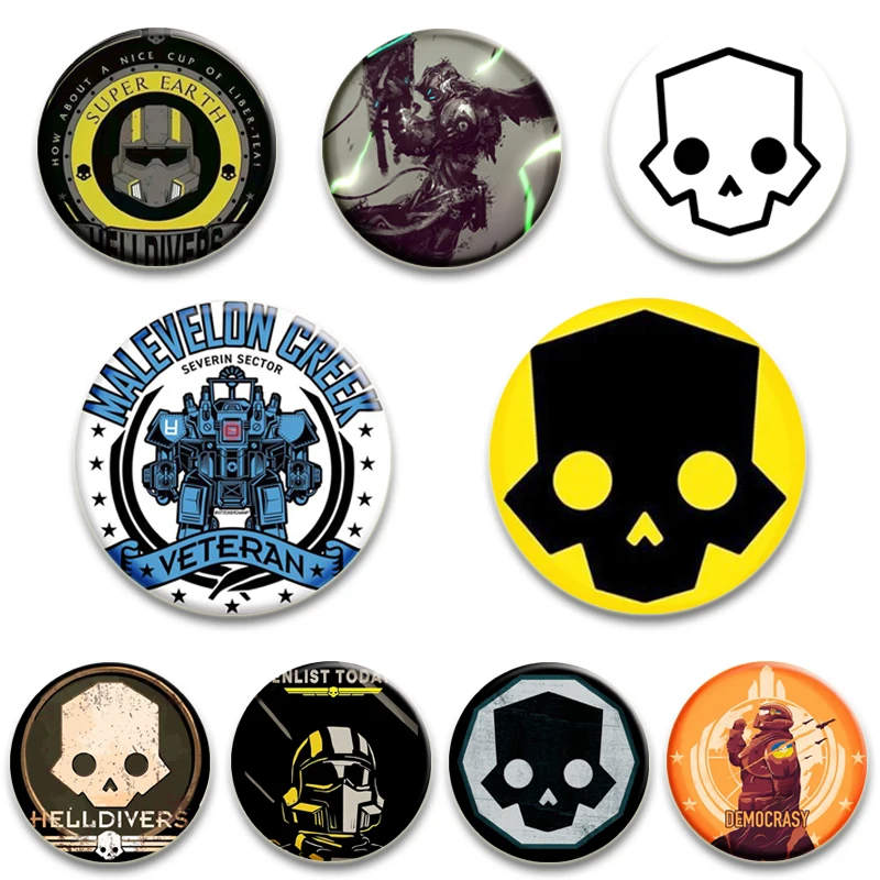 32/44/58MM Hot Game HELLDIVERS Creative Round Pins Skull Black Brooch Badge Clothes Decor Gamer Collect Gifts