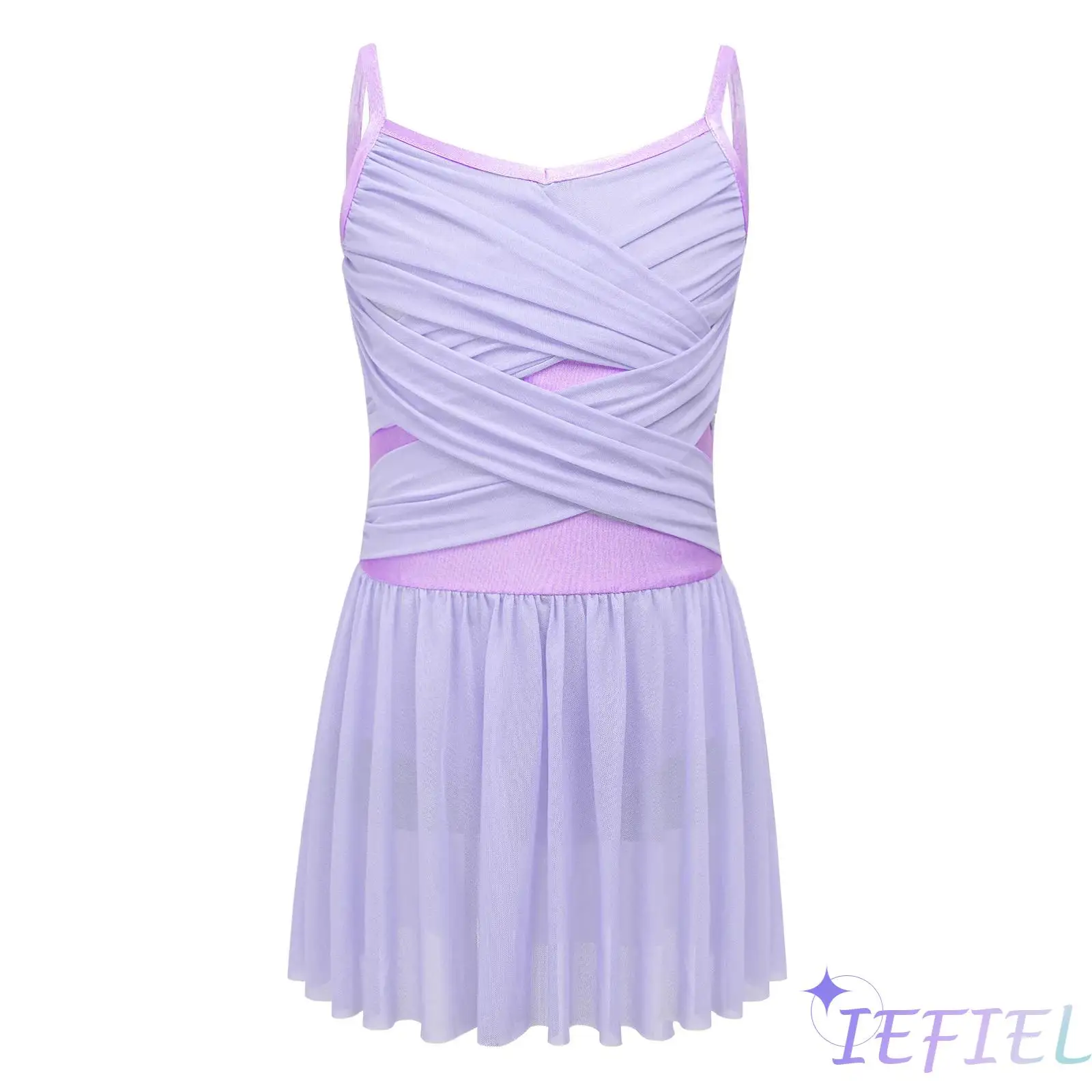 

Kids Girls Ballet Dance Dress Spaghetti Straps Cutout Back Cross Ruched Front Mesh Dress with Built-in Briefs Ballerina Clothing