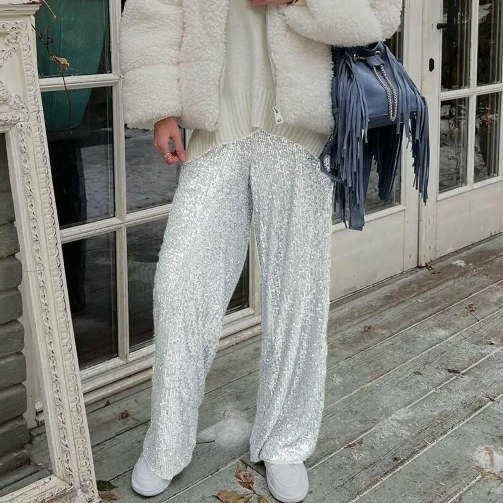 Loose Fit Women Pants Women Loose Leg Pants Women’s Mid-rise Wide Leg Pants Sparkling Sequin Trousers Night Club Party Stage