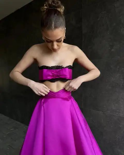 Couture Fuchsia Satin Long Formal Dresses With Cute Bow And Pockets Hollow Out A-line Women Party Dress Maxi Gowns