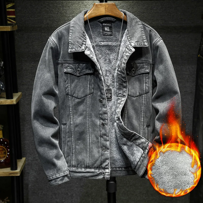 Winter Jeans Jackets Men Warm Denim Coats Fashion Cowboy Outerwear Men Liner Thicker Fleece Denim Jacket Grey Blue Plus Size 5XL