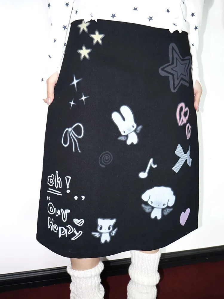 Cartoon Print Knee Length Skirt Women Japan Y2K High Waist Subculture Graffiti Skirt Harajuku Punk Preppy All Match A Line Skirt
