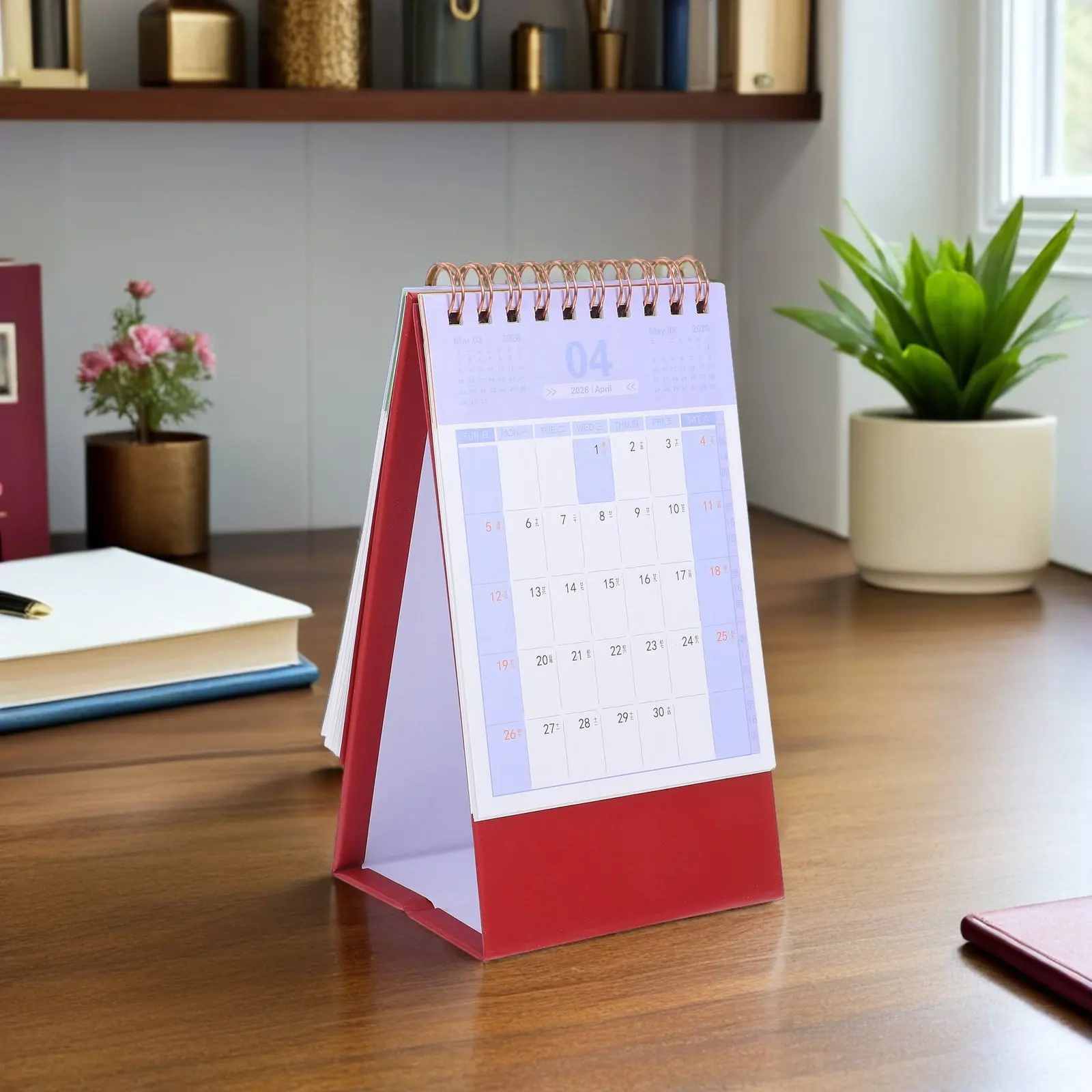 

2026 Desk Calendar Compact Foldable Stand Up Thick Paper Anti-Bleed Daily Planner For Office Home School Dark Red Mini Desktop