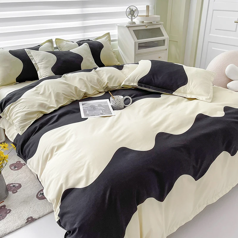 Simple Black White Ripples Duvet Cover Set Japanese Style Quilt Cover with Pillowcases 3Pcs Soft Comfortable Queen Bedding Set