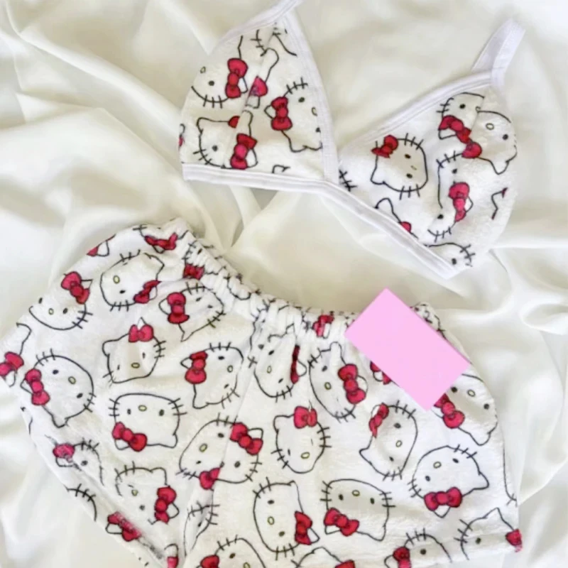 Trajes de pijama holgados de Hello Kitty para mujer, ropa de playa de dos piezas con dibujos animados Sanrio para dormir, ropa de salón para el