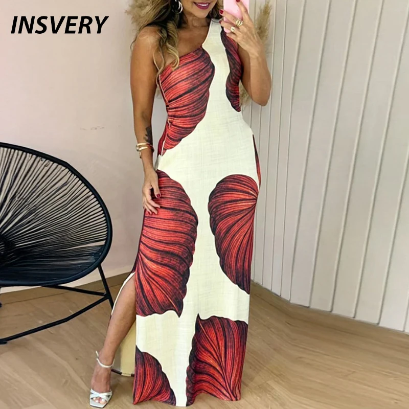 Abito lungo elegante senza maniche da donna Abiti da festa da spiaggia sexy slim divisi per le donne Abito stampato bohemien Boho