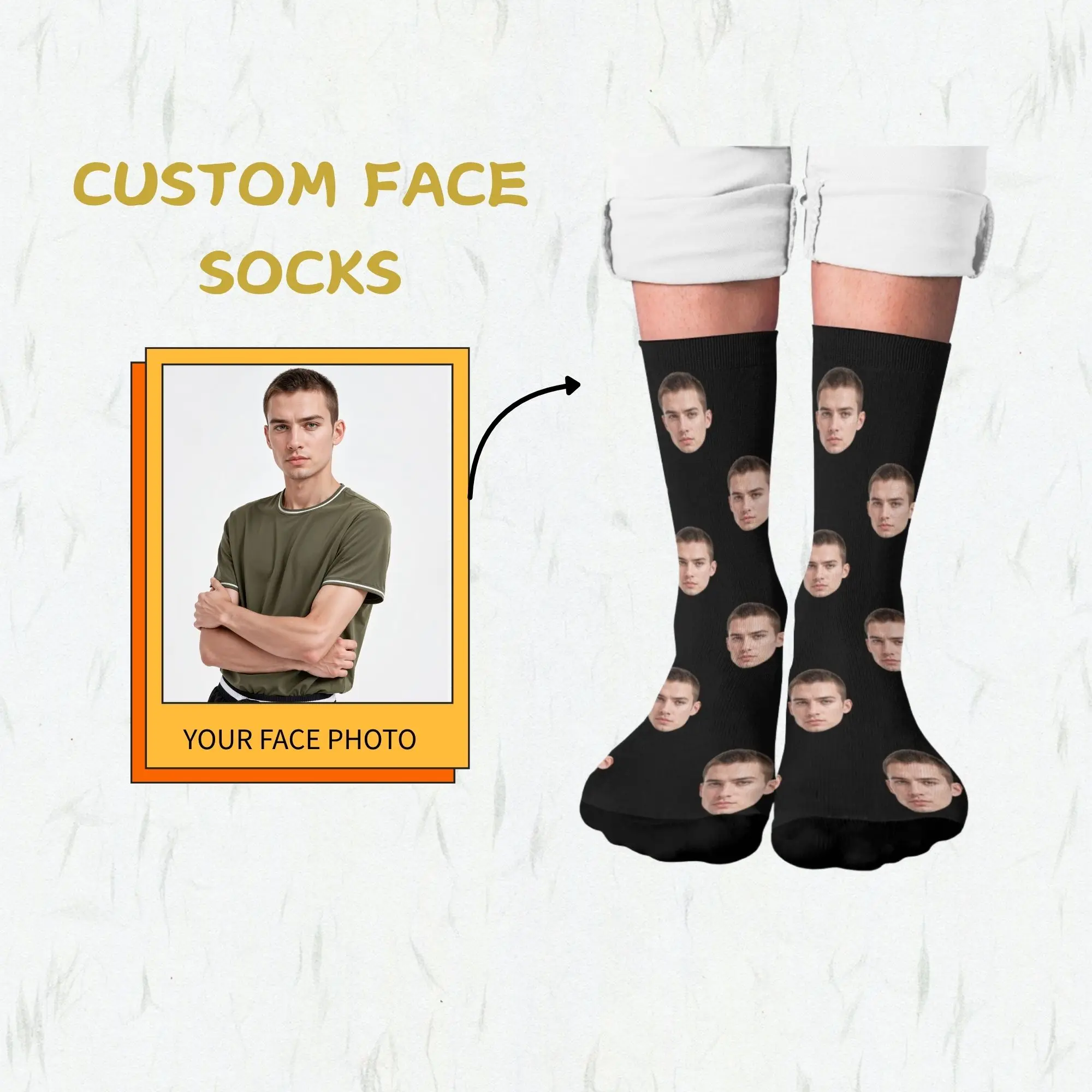 

Funny Custom Full-Face Collage Crew Socks Black Base with Hilarious Personalized Print Unique Gag Gift for Humor Enthusiasts