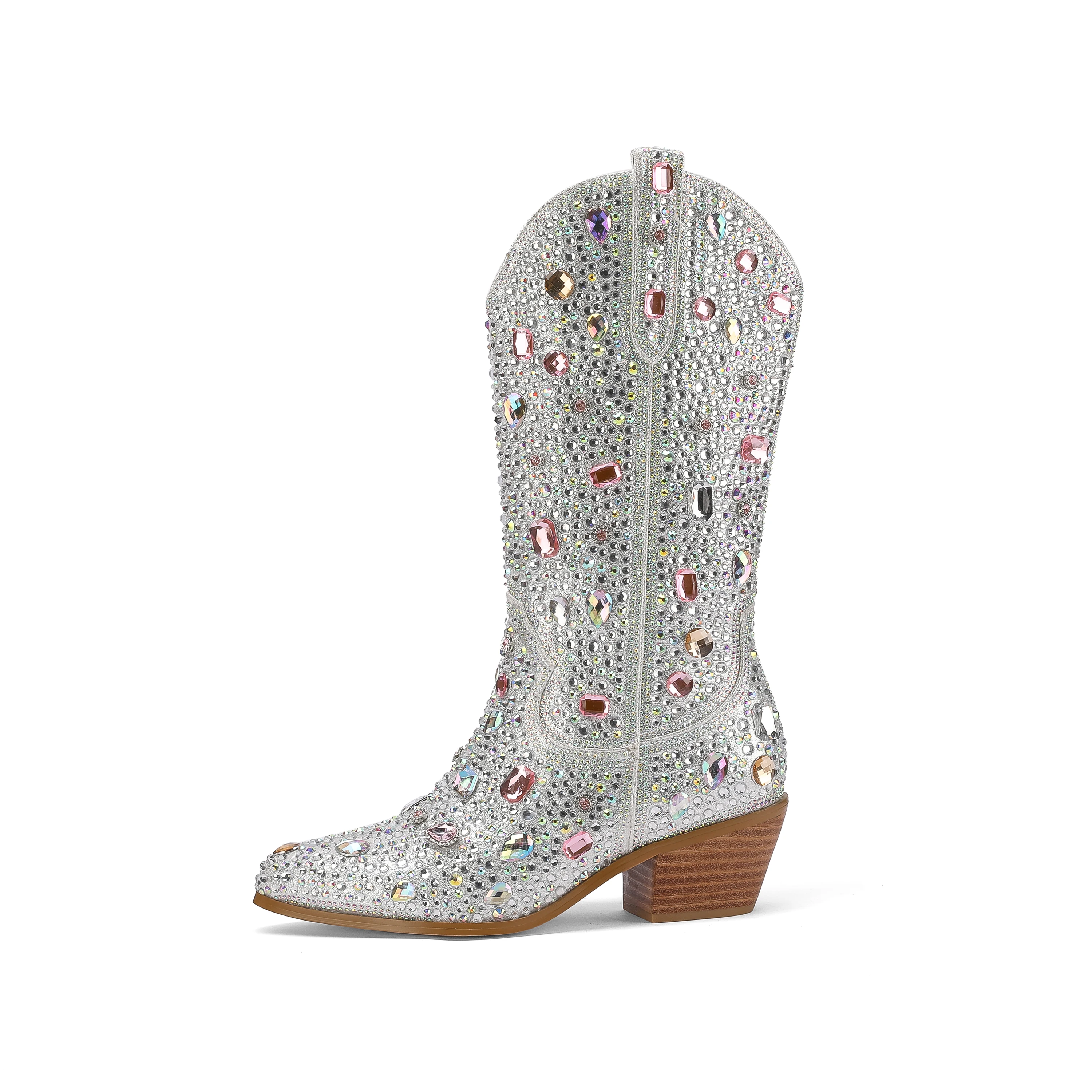 Round toe thick heel colorful rhinestone mid-calf women's boots