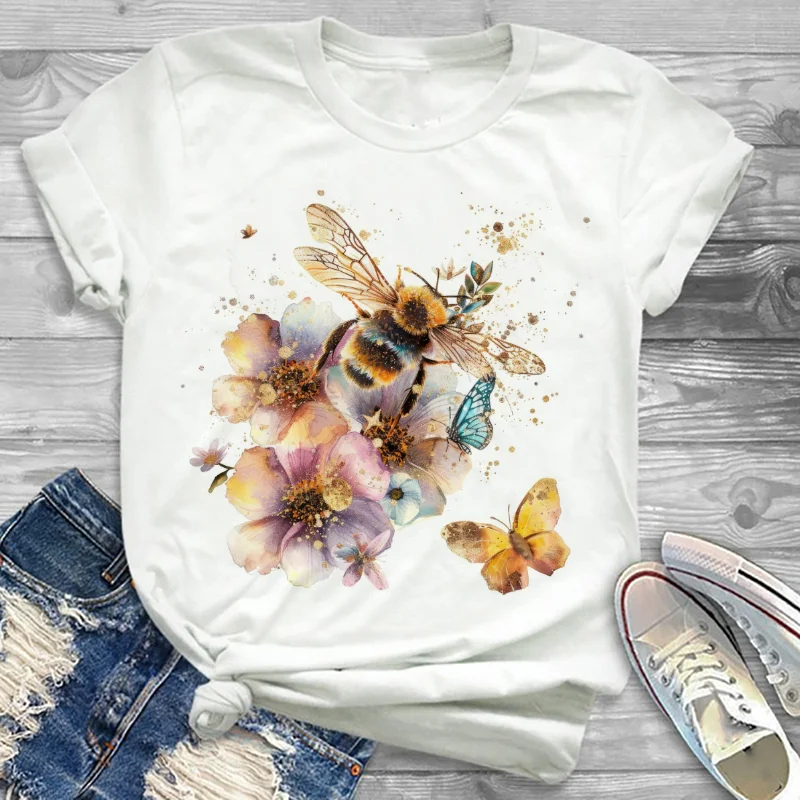 

Женский повседневный топ с акварельным принтом бабочки и короткими рукавами, милая летняя одежда с обычным круглым вырезом, модная белая футболка